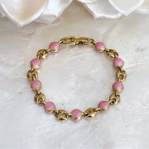 Gold Tone Pink Enamel Link Bracelet 6.5”